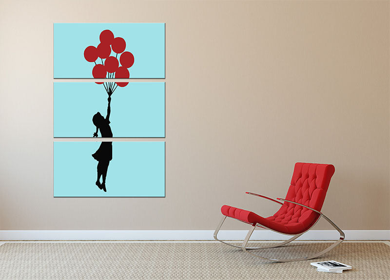 Banksy Flying Balloon Girl Light Blue 3 Split Panel Canvas Print featuring a whimsical girl with a balloon in a light blue color scheme.