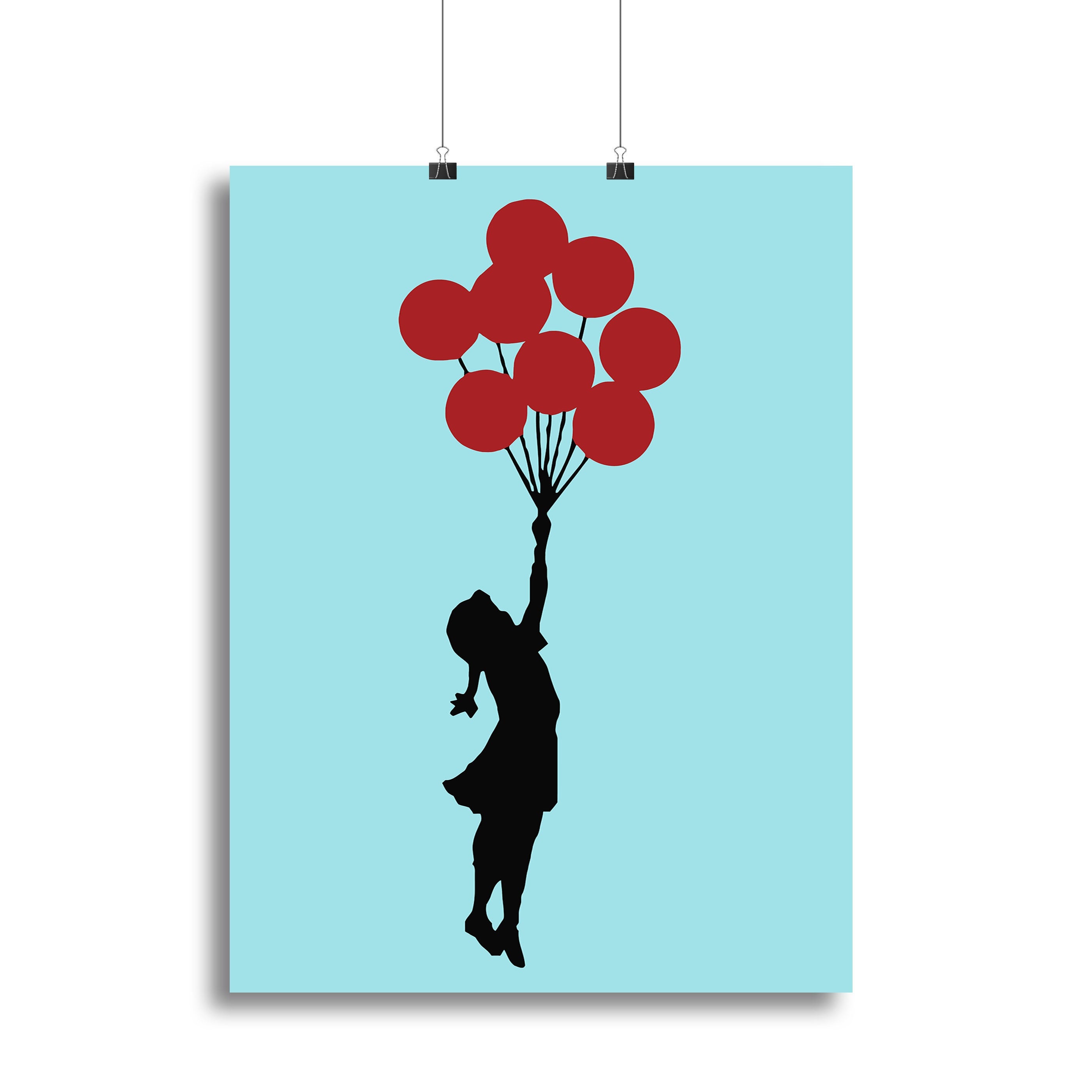 Banksy Flying Balloon Girl Light Blue Canvas Print featuring a girl reaching for a red balloon against a light blue background.