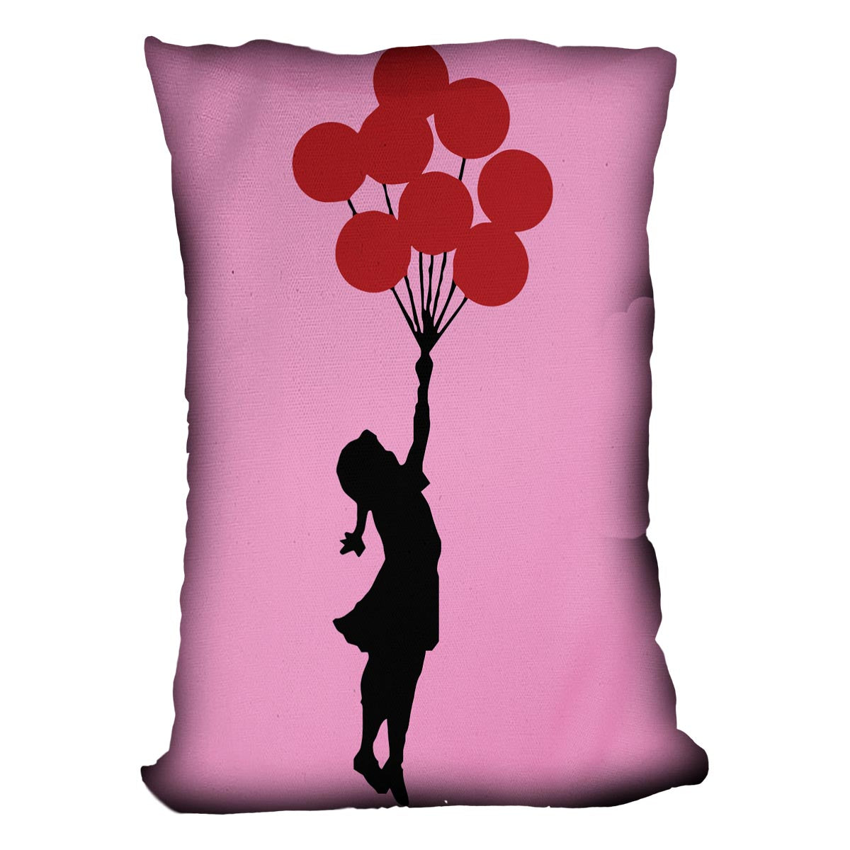 Banksy Flying Balloon Girl Pink Cushion featuring vibrant colors and luxurious vegan faux suede fabric, perfect for home decor.