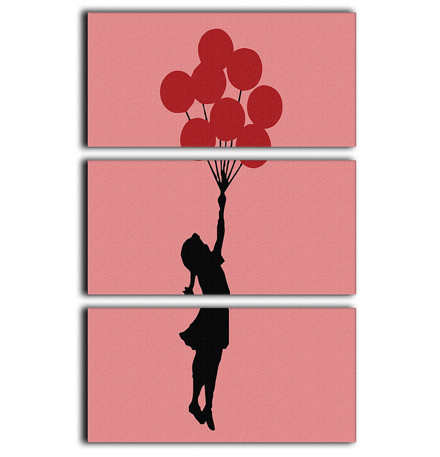 Banksy Flying Balloon Girl Red 3 Split Panel Canvas Print showcasing a whimsical girl with a red balloon across three panels.