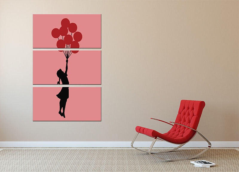 Banksy Flying Balloon Girl Red 3 Split Panel Canvas Print showcasing a whimsical girl with a red balloon across three panels.