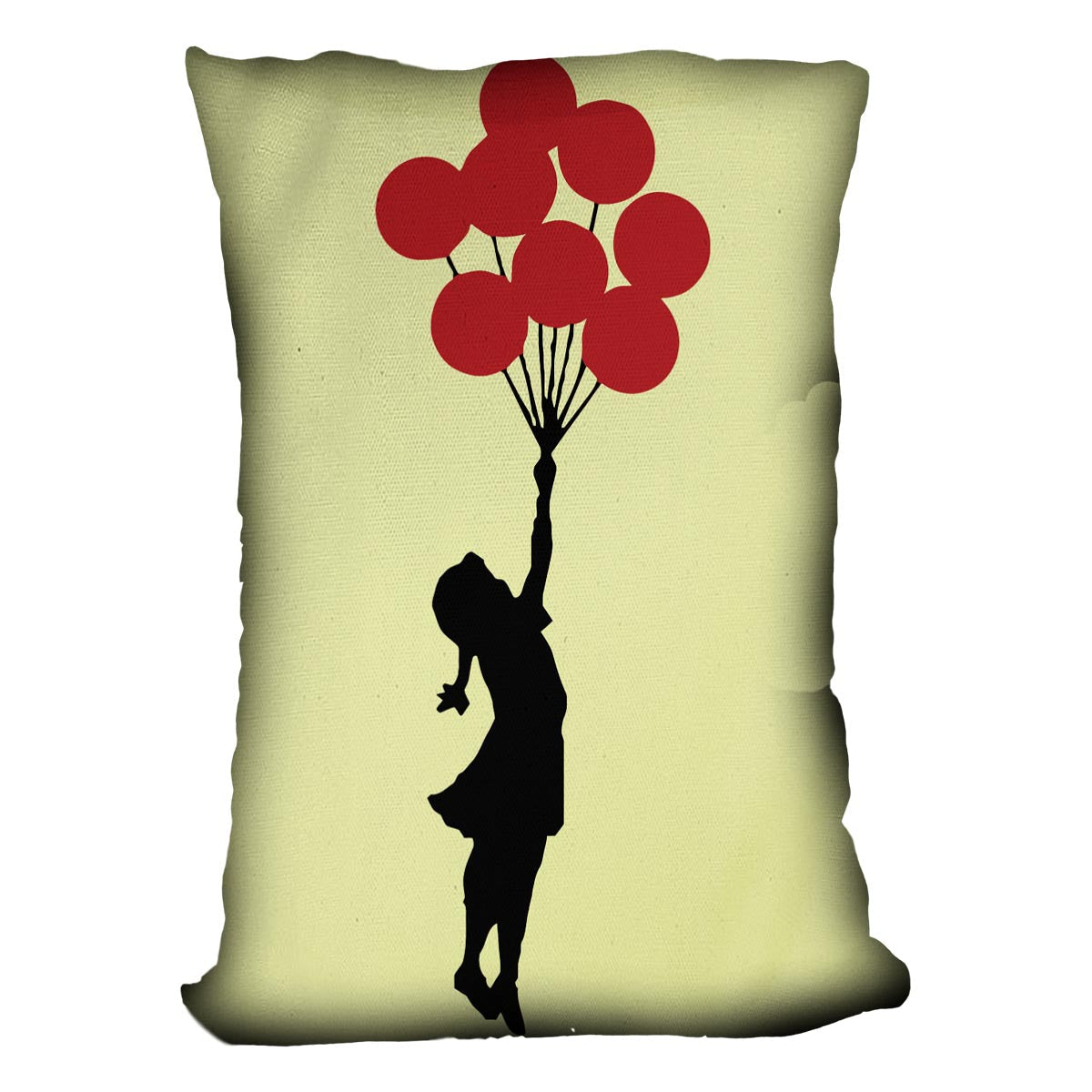 Banksy Flying Balloon Girl Yellow Cushion featuring vibrant design on luxurious vegan faux suede, perfect for home decor.