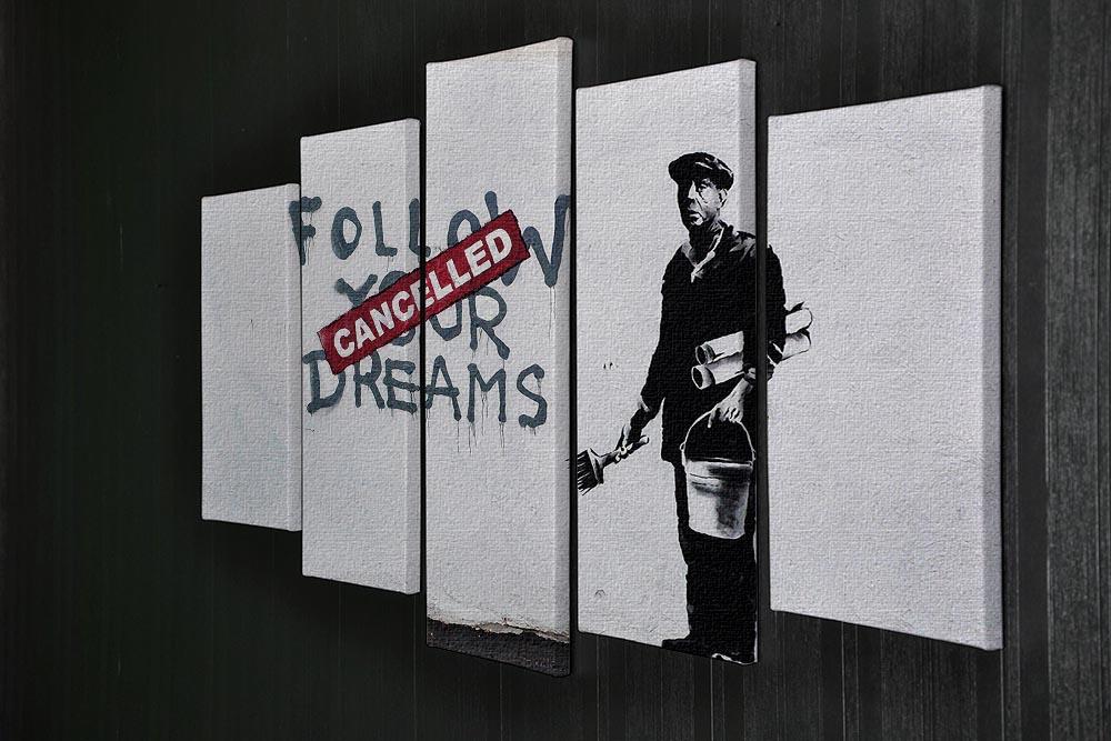 Banksy Follow Your Dreams 5 Split Panel Canvas artwork featuring vibrant colors and motivational design across five panels.