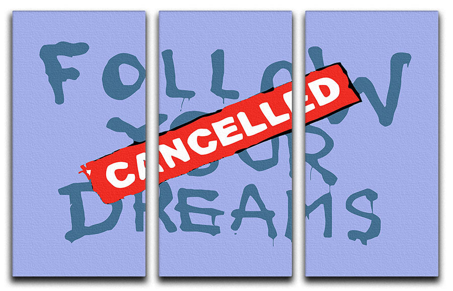 Banksy Follow Your Dreams Blue 3 Split Panel Canvas Print showcasing vibrant colors and modern design, perfect for enhancing any interior space.