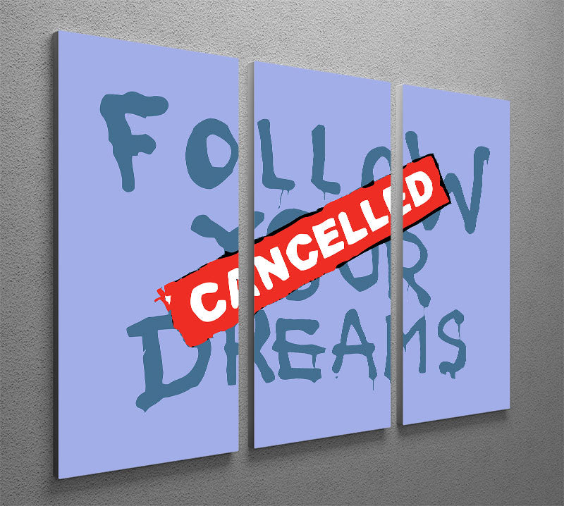 Banksy Follow Your Dreams Blue 3 Split Panel Canvas Print showcasing vibrant colors and modern design, perfect for enhancing any interior space.