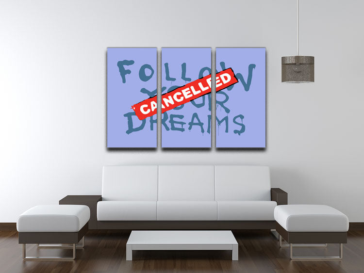 Banksy Follow Your Dreams Blue 3 Split Panel Canvas Print showcasing vibrant colors and modern design, perfect for enhancing any interior space.