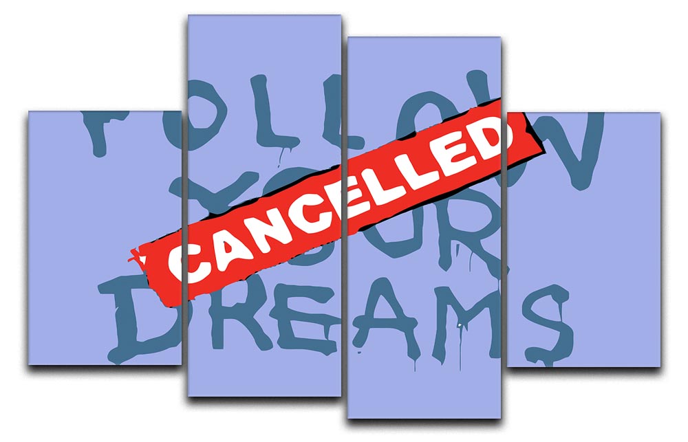 Banksy Follow Your Dreams Blue 4 Split Panel Canvas artwork featuring four equal sections with a cohesive design in calming blue tones.