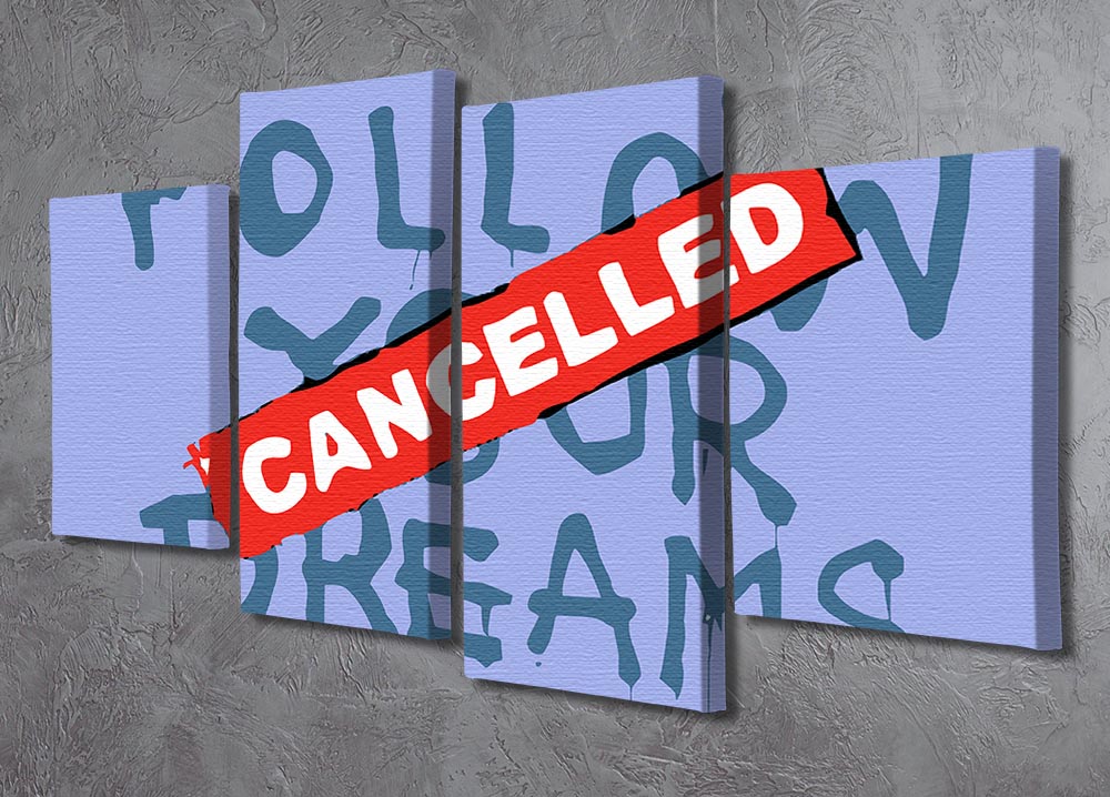 Banksy Follow Your Dreams Blue 4 Split Panel Canvas artwork featuring four equal sections with a cohesive design in calming blue tones.