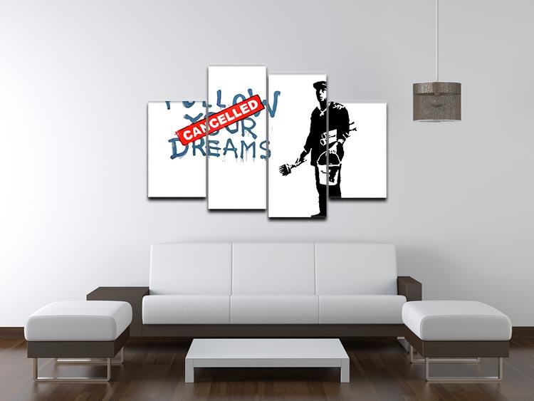 Banksy Follow Your Dreams 4 Split Panel Canvas artwork featuring motivational design divided into four sections.