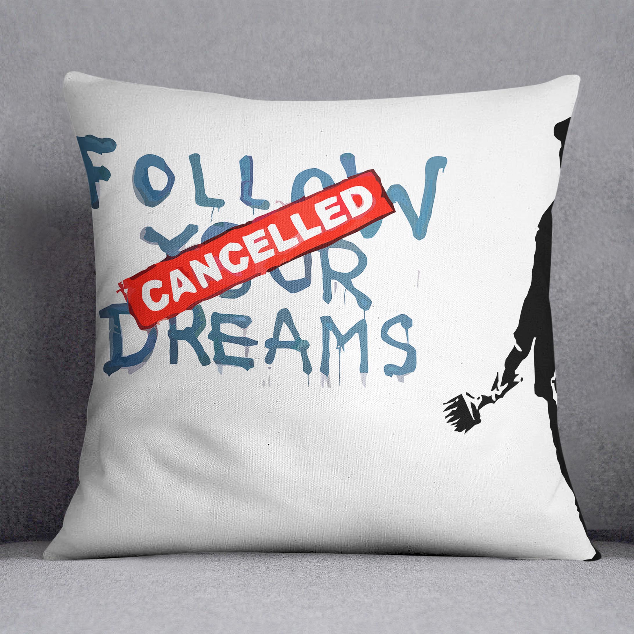 Banksy Follow Your Dreams - Cancelled Cushion featuring vibrant abstract design on luxurious vegan faux suede.