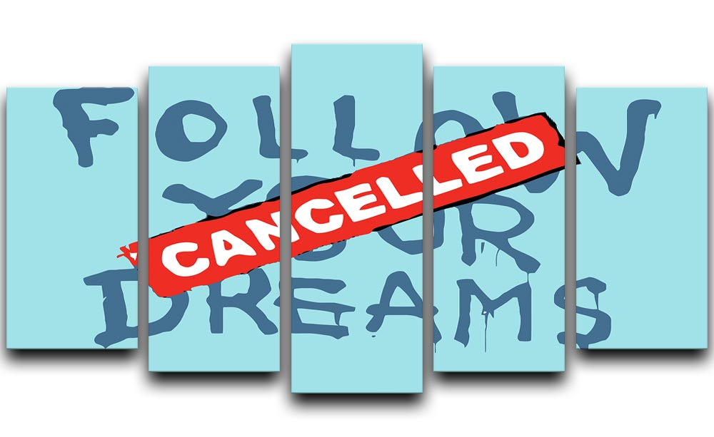 Banksy Follow Your Dreams Light Blue 5 Split Panel Canvas artwork featuring five panels with a cohesive design in light blue tones.