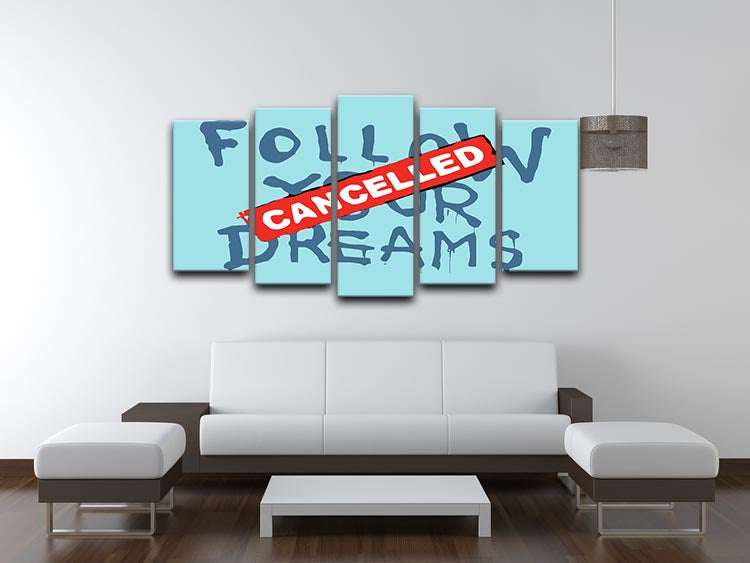 Banksy Follow Your Dreams Light Blue 5 Split Panel Canvas artwork featuring five panels with a cohesive design in light blue tones.