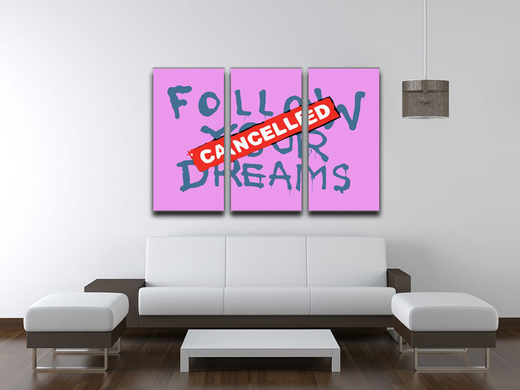 Banksy Follow Your Dreams Purple 3 Split Panel Canvas Print featuring vibrant colors and motivational design, perfect for modern decor.