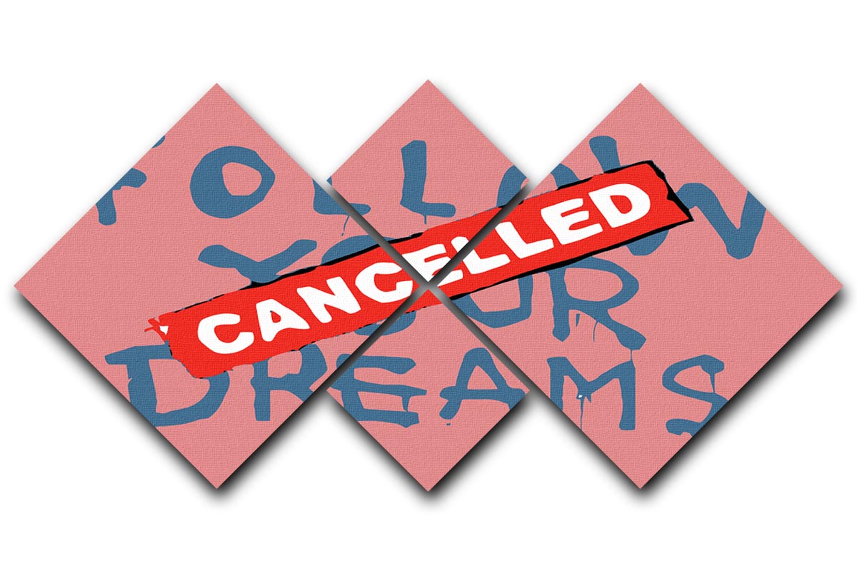 Banksy Follow Your Dreams Red 4 Square Multi Panel Canvas artwork featuring four equal panels with vibrant red colors and motivational imagery.