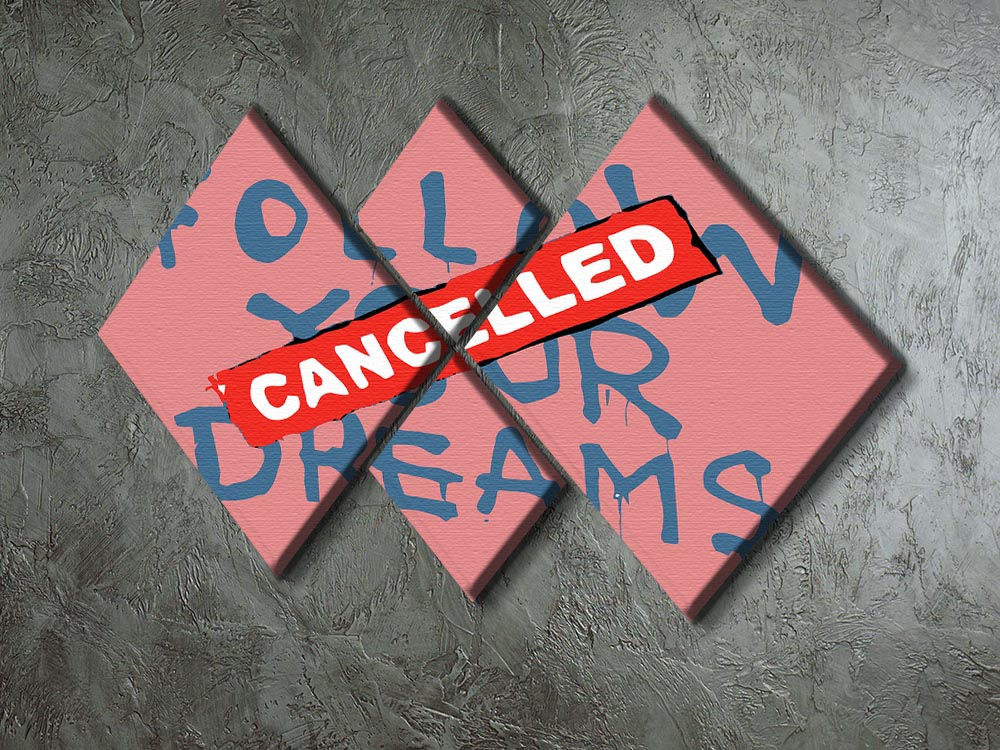 Banksy Follow Your Dreams Red 4 Square Multi Panel Canvas artwork featuring four equal panels with vibrant red colors and motivational imagery.