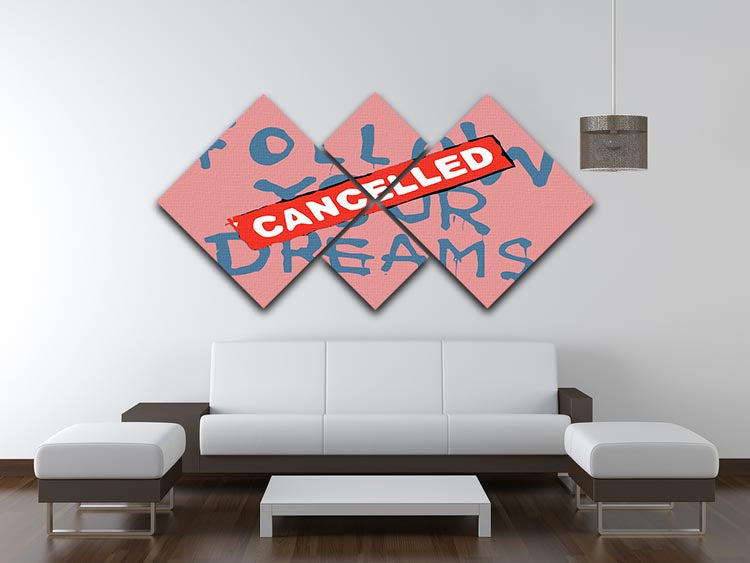Banksy Follow Your Dreams Red 4 Square Multi Panel Canvas artwork featuring four equal panels with vibrant red colors and motivational imagery.