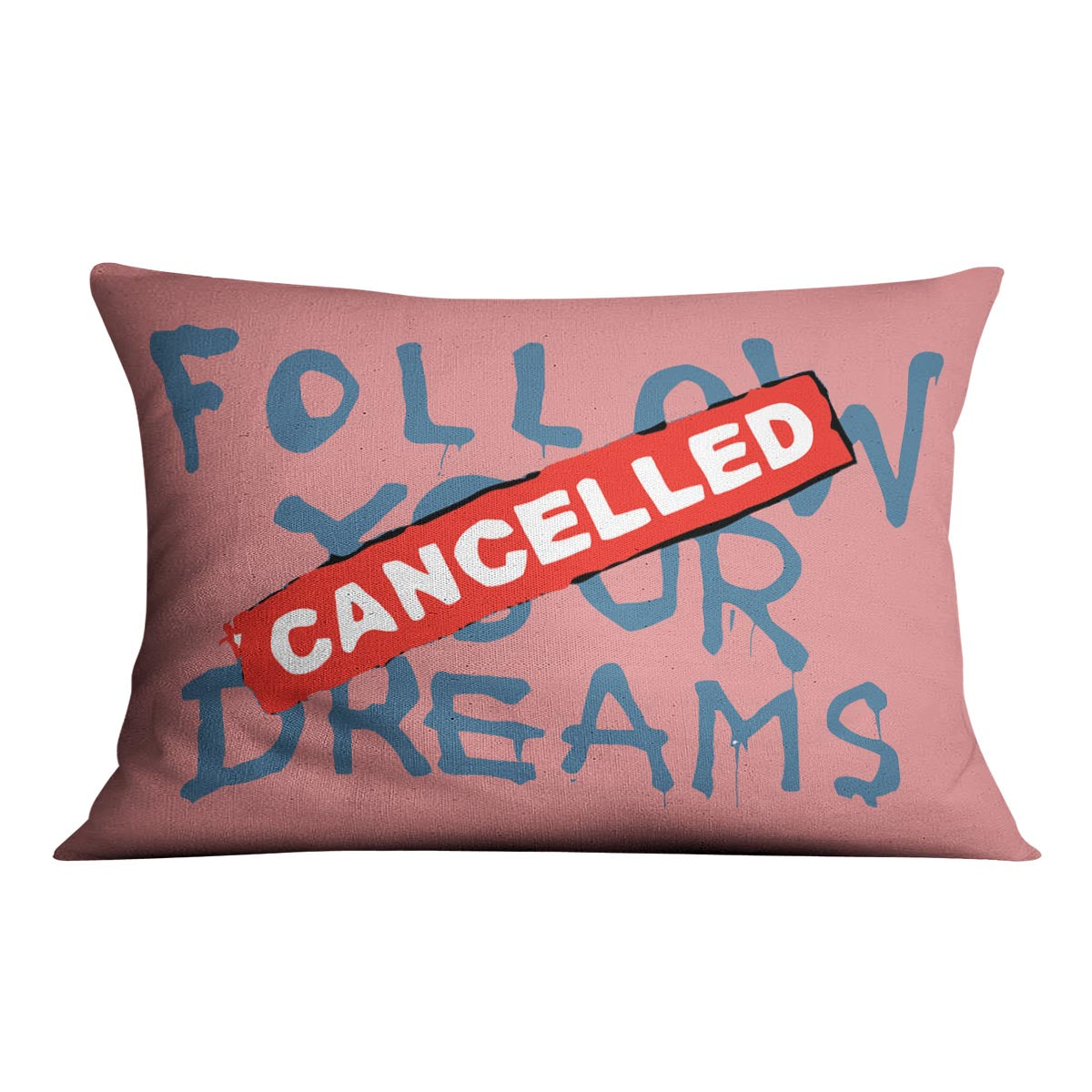Banksy Follow Your Dreams Red Cushion featuring vibrant abstract design on luxurious vegan faux suede.