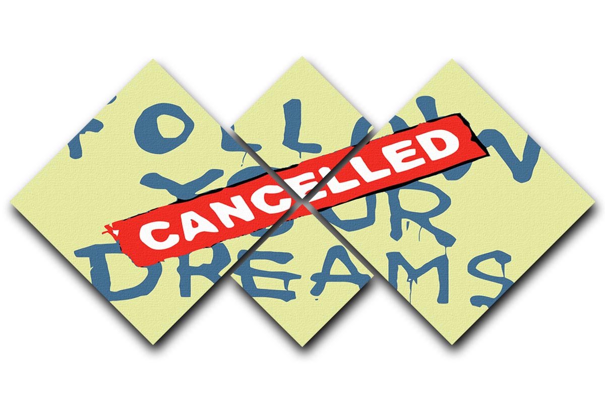 Banksy Follow Your Dreams Yellow 4 Square Multi Panel Canvas featuring four vibrant yellow panels with inspirational artwork.