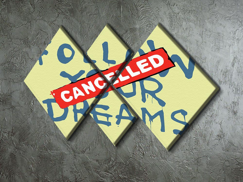 Banksy Follow Your Dreams Yellow 4 Square Multi Panel Canvas featuring four vibrant yellow panels with inspirational artwork.