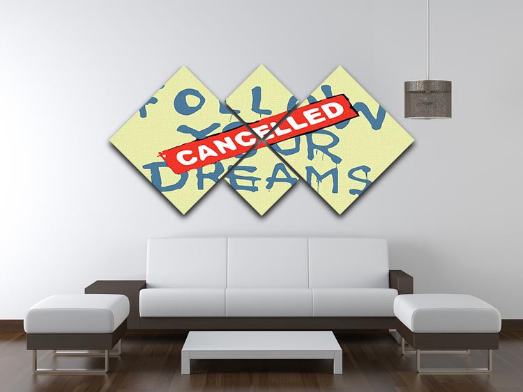 Banksy Follow Your Dreams Yellow 4 Square Multi Panel Canvas featuring four vibrant yellow panels with inspirational artwork.