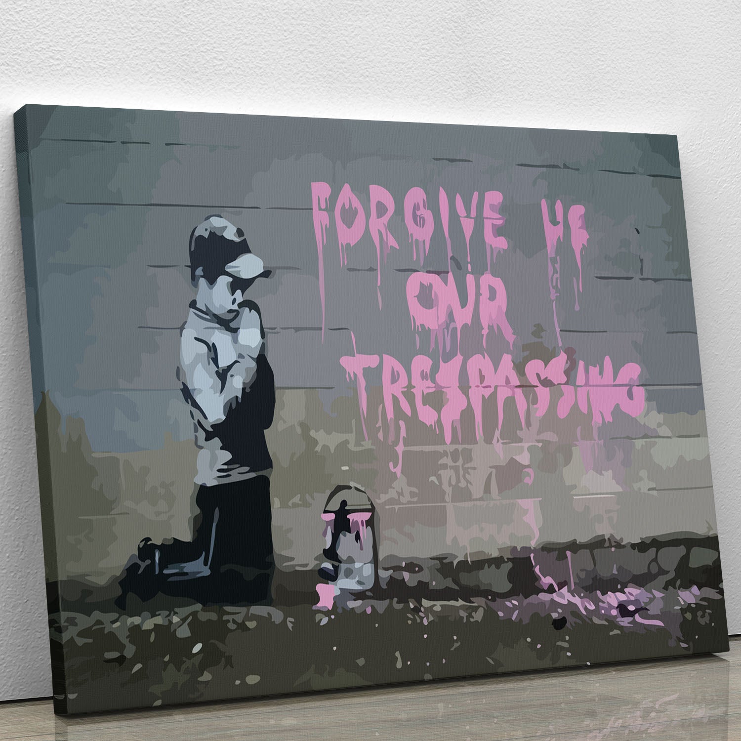 Banksy Forgive Us canvas print showcasing vibrant colors and intricate details, perfect for modern decor.