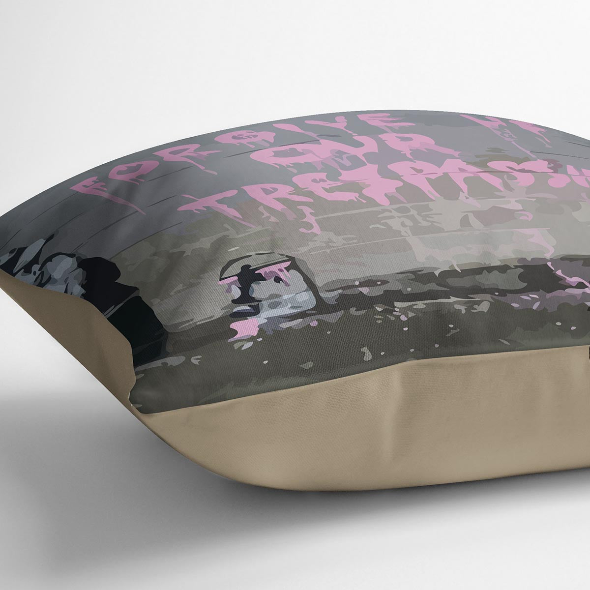 Banksy Forgive Us Cushion featuring vibrant abstract design on luxurious vegan faux suede, perfect for home decor.