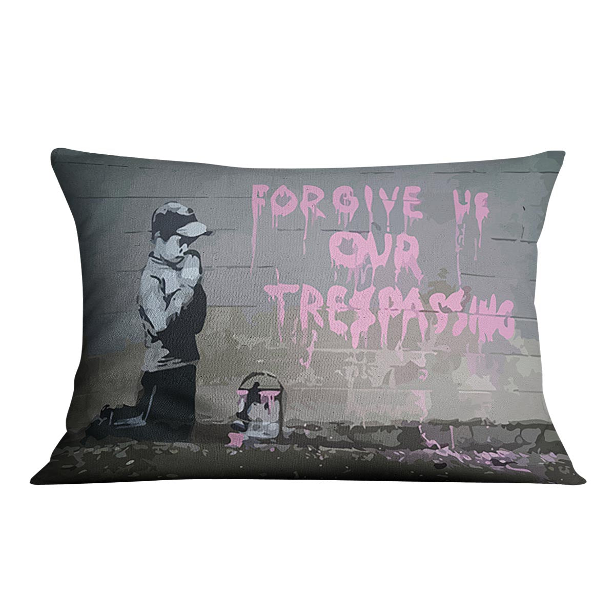 Banksy Forgive Us Cushion featuring vibrant abstract design on luxurious vegan faux suede, perfect for home decor.