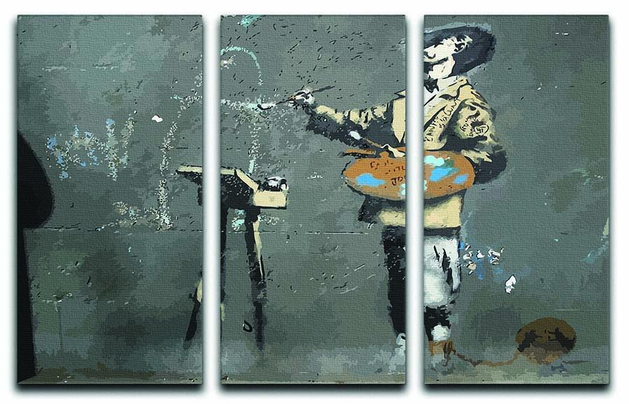 Banksy French Painter 3 Split Panel Canvas Print showcasing vibrant colors and intricate details across three panels.