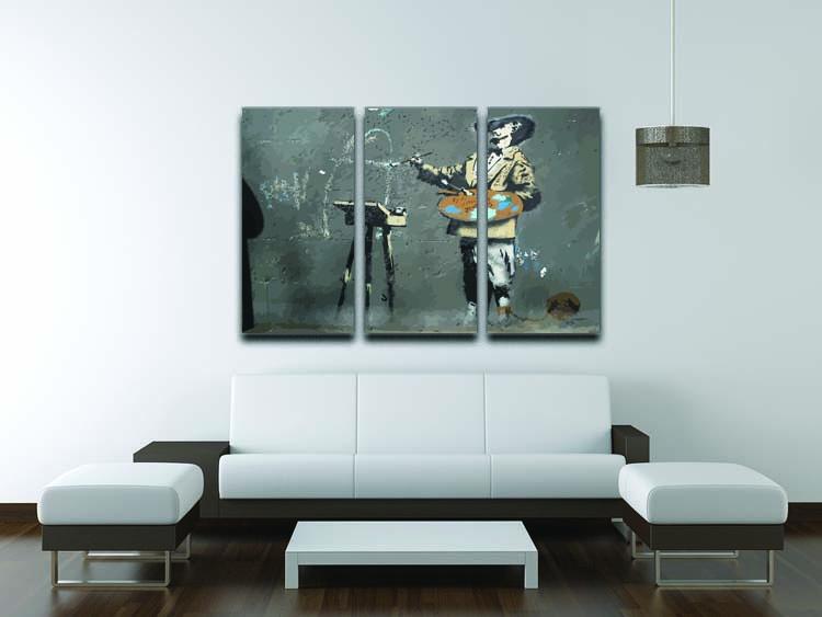 Banksy French Painter 3 Split Panel Canvas Print showcasing vibrant colors and intricate details across three panels.
