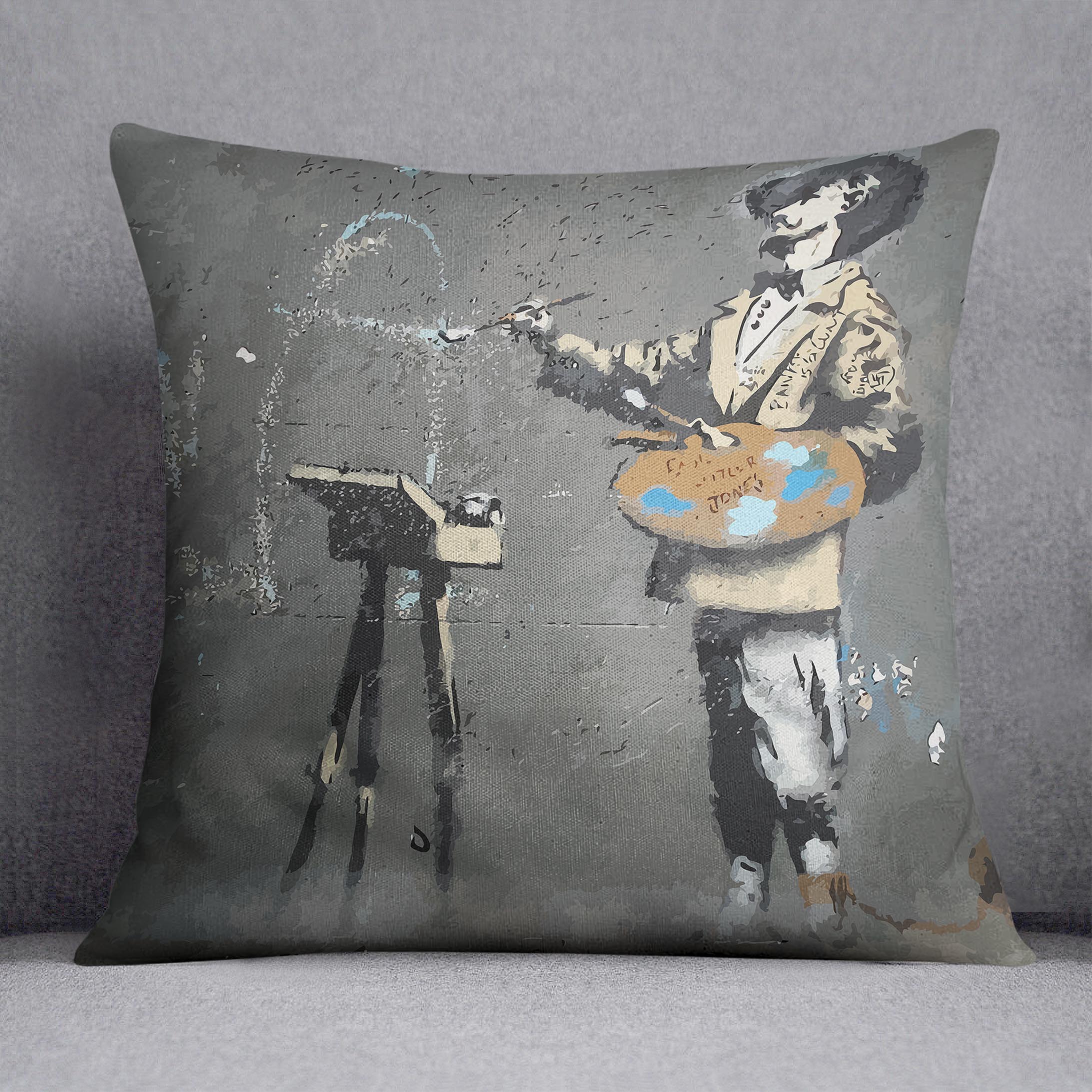 Banksy French Painter Cushion featuring vibrant abstract designs on luxurious vegan faux suede fabric.