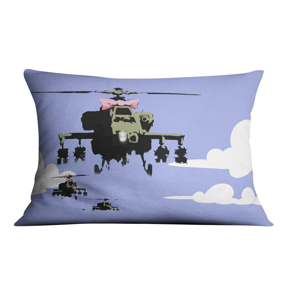 Banksy Friendly Helicopters Blue Cushion featuring vibrant abstract design on luxurious vegan faux suede.