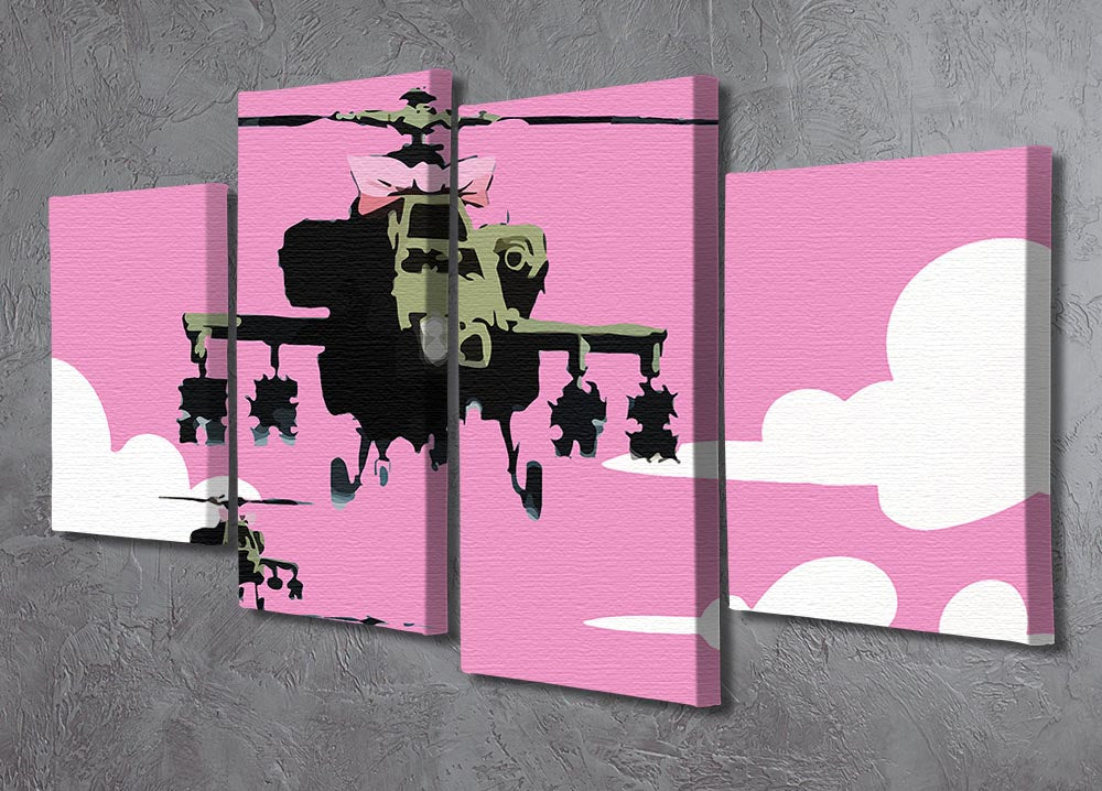 Banksy Friendly Helicopters Pink 4 Split Panel Canvas featuring vibrant pink colors and helicopter imagery, arranged in four separate panels.