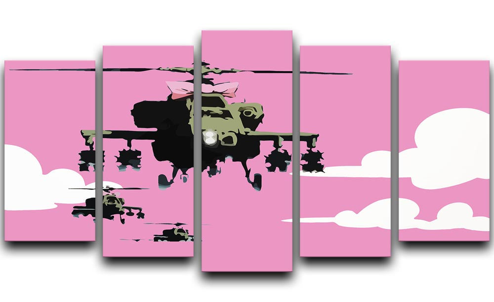 Banksy Friendly Helicopters Pink 5 Split Panel Canvas artwork featuring vibrant pink colors and dynamic helicopter designs across five panels.
