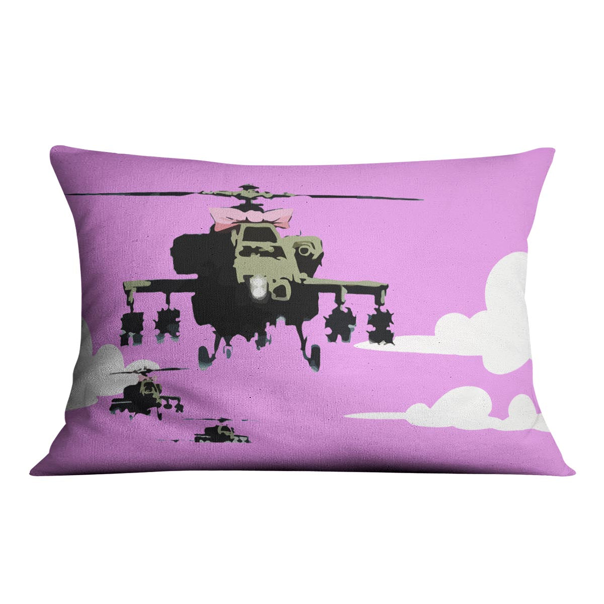 Banksy Friendly Helicopters Purple Cushion featuring vibrant abstract design on luxurious vegan faux suede.