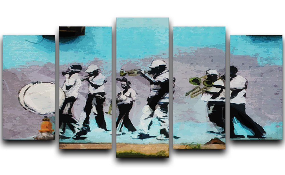 Banksy Gas Mask Marching Band artwork displayed on a 5-split canvas, showcasing vibrant colors and dynamic design.