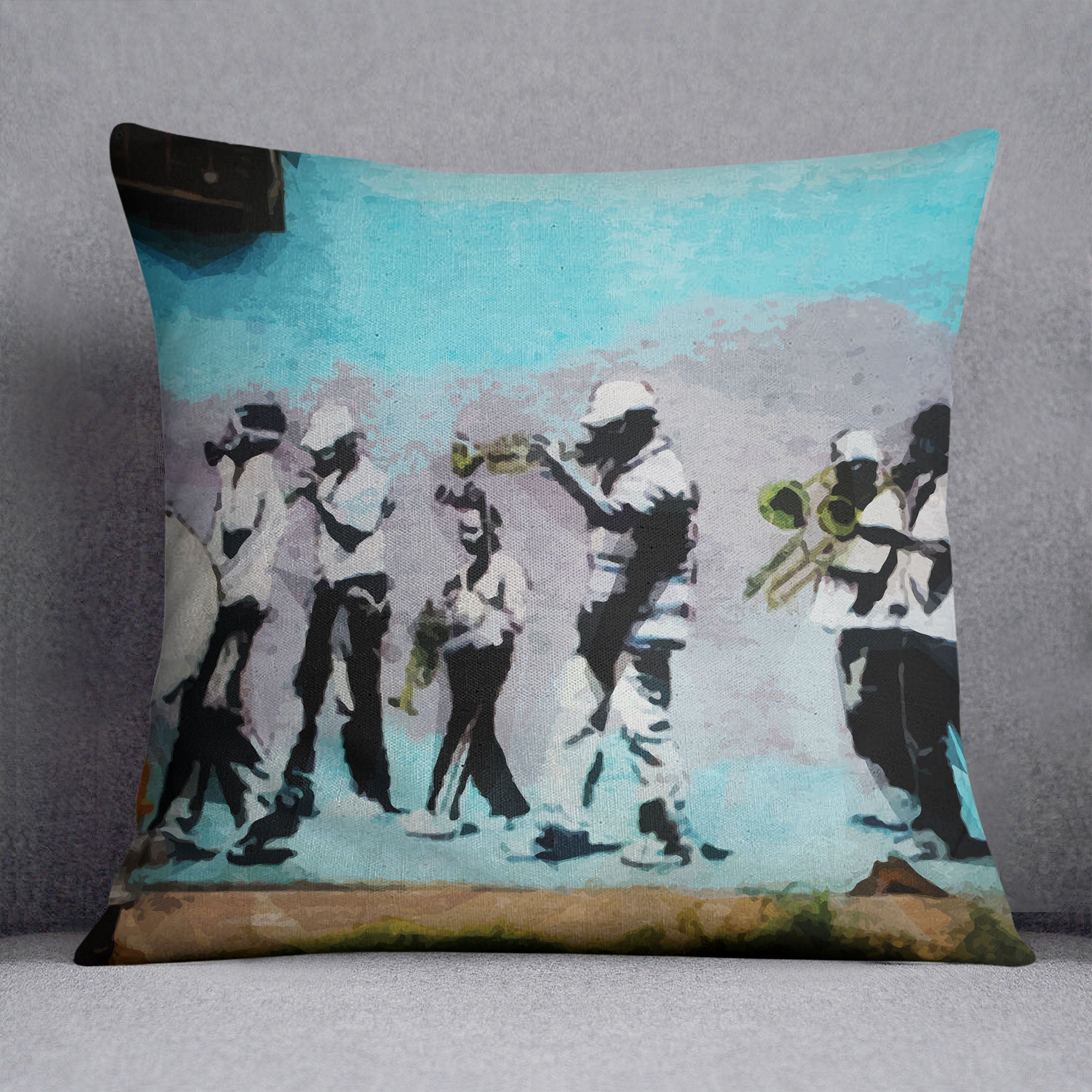 Banksy Gas Mask Marching Band Cushion featuring vibrant colors and abstract design on luxurious faux suede fabric.