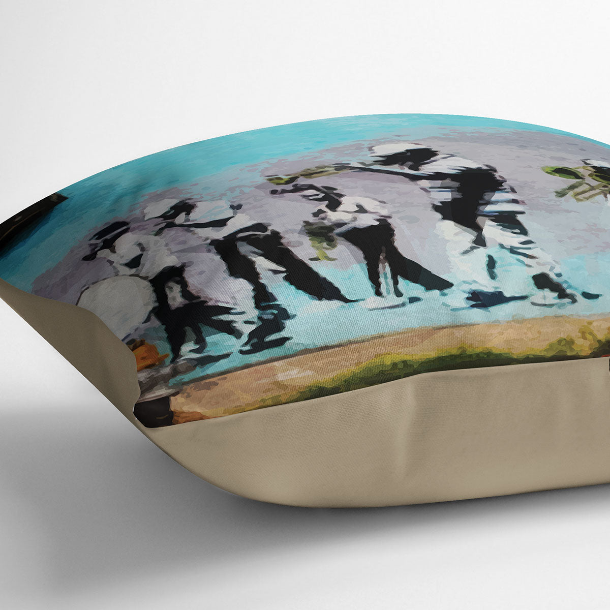 Banksy Gas Mask Marching Band Cushion featuring vibrant colors and abstract design on luxurious faux suede fabric.