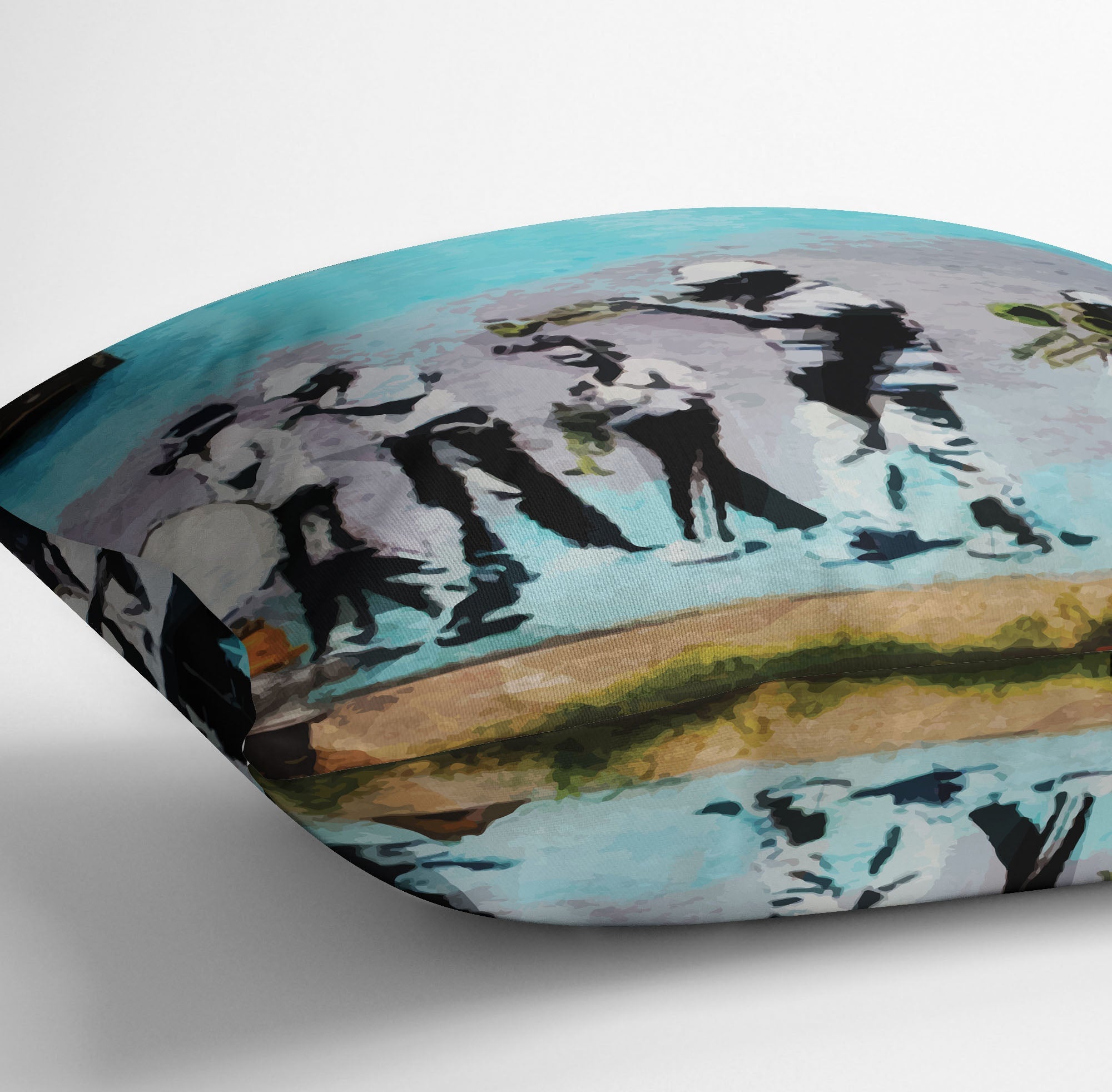 Banksy Gas Mask Marching Band Cushion featuring vibrant colors and abstract design on luxurious faux suede fabric.