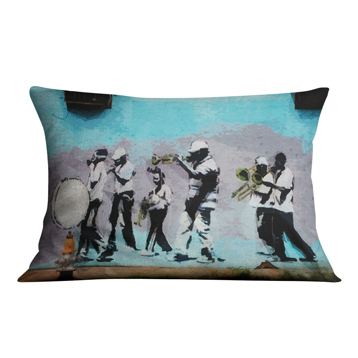 Banksy Gas Mask Marching Band Cushion featuring vibrant colors and abstract design on luxurious faux suede fabric.
