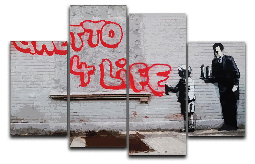 Banksy Ghetto For Life 4 Split Panel Canvas artwork featuring vibrant urban themes across four panels.