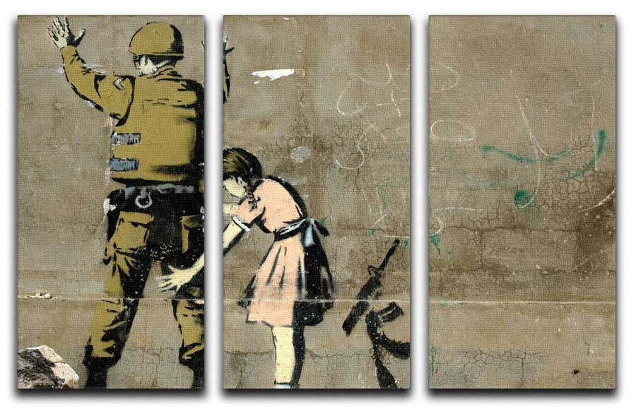 Banksy Girl and Soldier 3 Split Canvas Print featuring three panels with striking artwork.