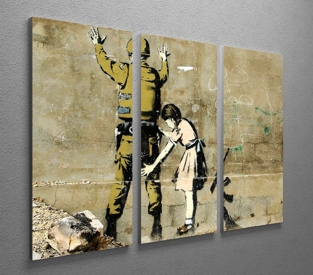 Banksy Girl and Soldier 3 Split Canvas Print featuring three panels with striking artwork.