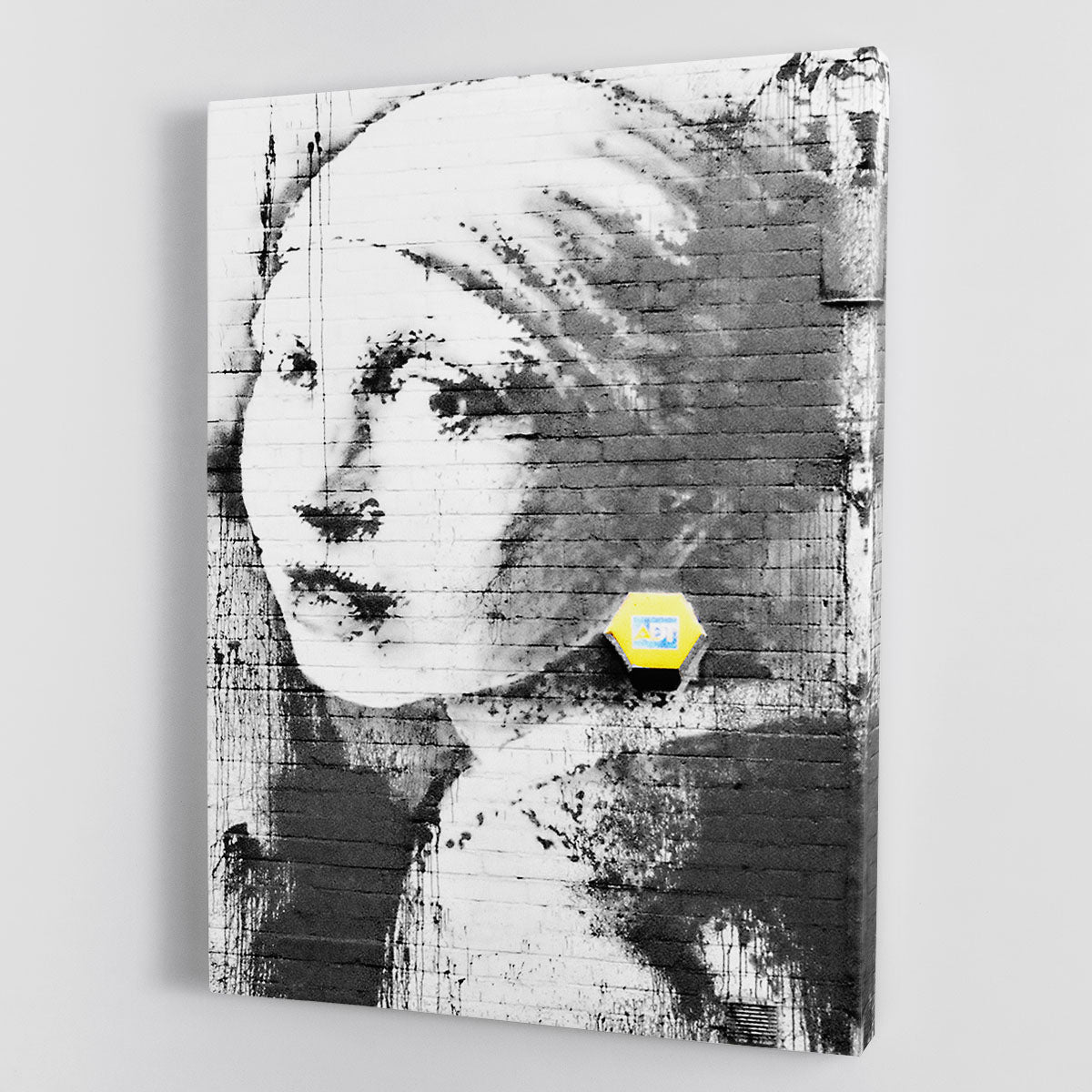 Banksy Girl With a Pierced Eardrum canvas print showcasing a girl with a piercing resembling a smoke alarm, vibrant colors and modern art style.