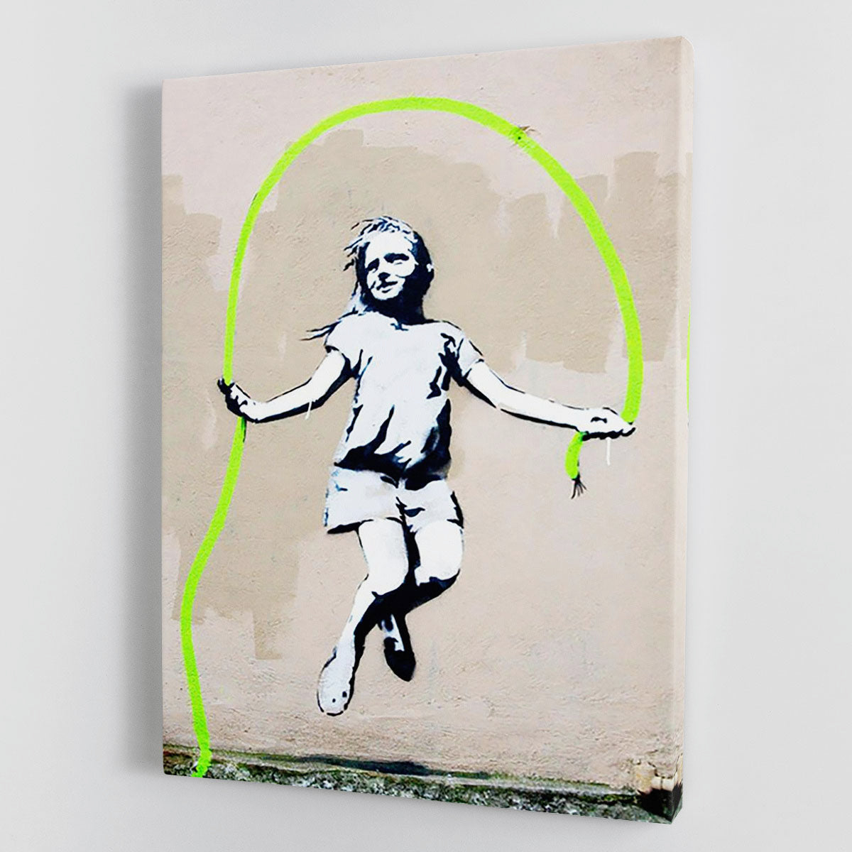 Banksy Girl With Skipping Rope canvas print showcasing a young girl joyfully skipping rope, vibrant colors and modern art style.