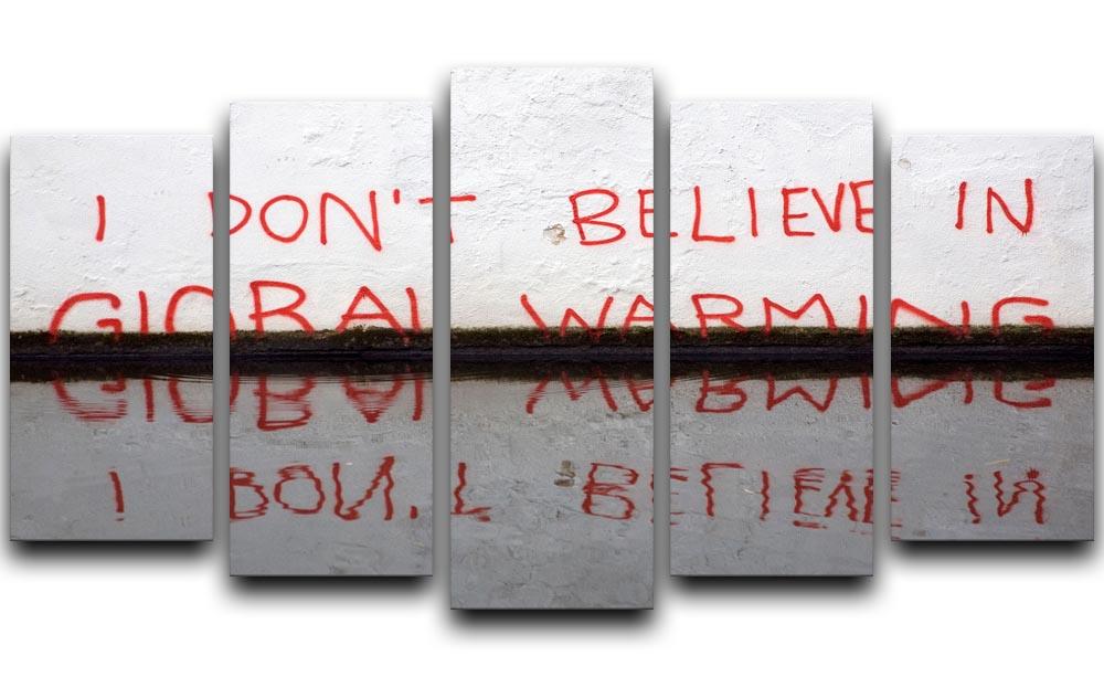 Banksy Global Warming 5 Split Panel Canvas artwork featuring vibrant colors and a powerful environmental message, displayed in a modern setting.