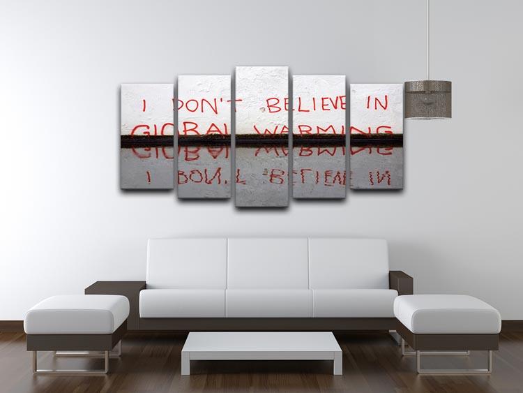 Banksy Global Warming 5 Split Panel Canvas artwork featuring vibrant colors and a powerful environmental message, displayed in a modern setting.