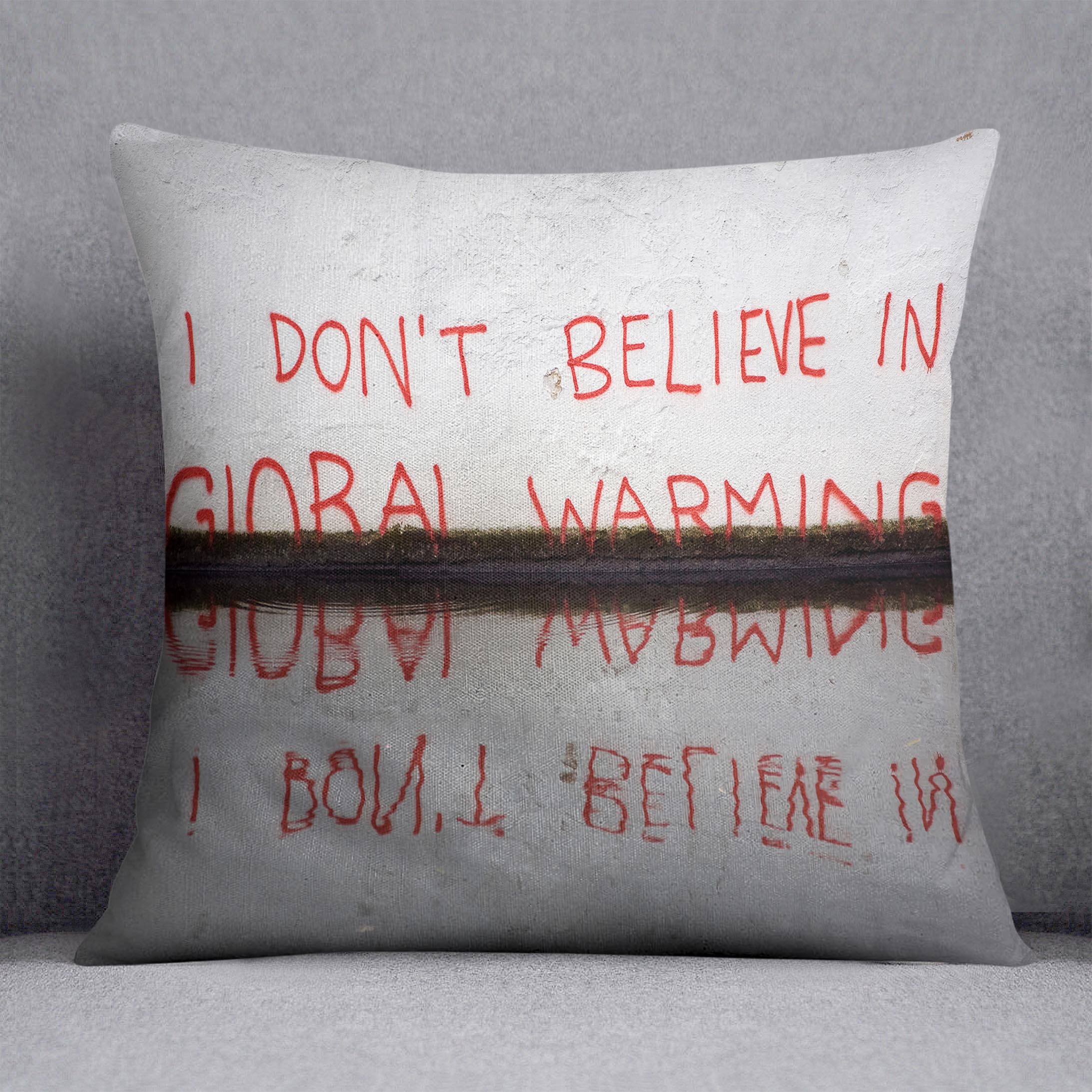 Banksy Global Warming Cushion featuring vibrant abstract design on luxurious vegan faux suede fabric.
