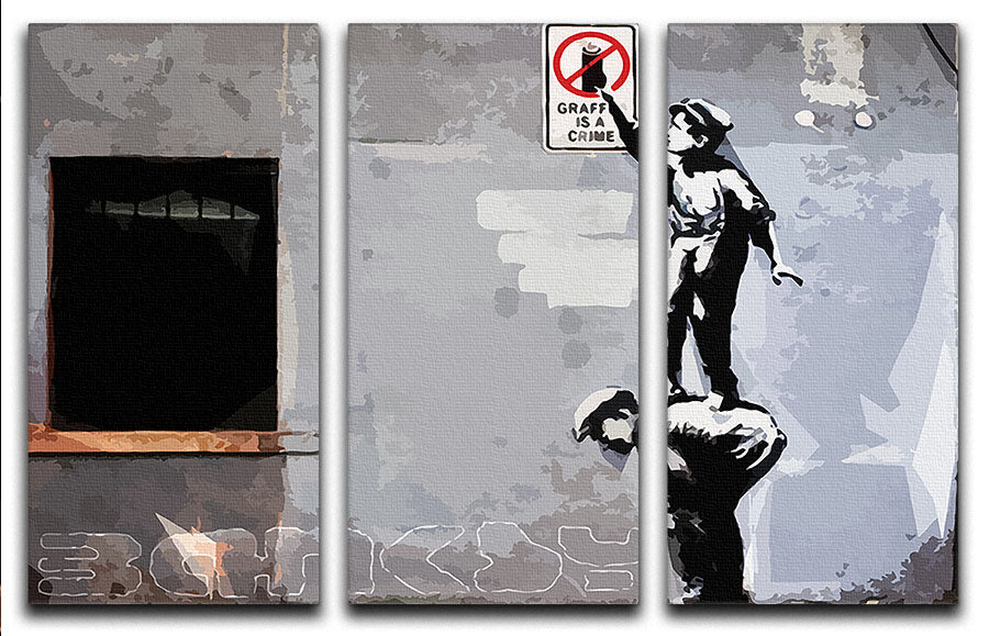 Three-panel canvas print featuring Banksy graffiti art titled 'Graffiti is a Crime' in New York, showcasing vibrant colors and striking design.