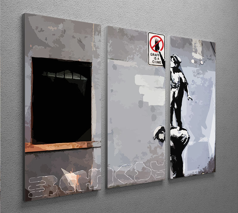 Three-panel canvas print featuring Banksy graffiti art titled 'Graffiti is a Crime' in New York, showcasing vibrant colors and striking design.