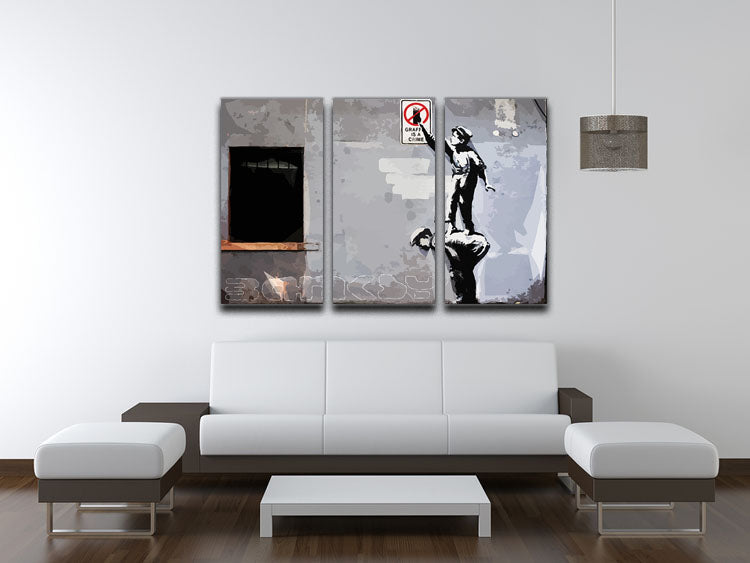 Three-panel canvas print featuring Banksy graffiti art titled 'Graffiti is a Crime' in New York, showcasing vibrant colors and striking design.